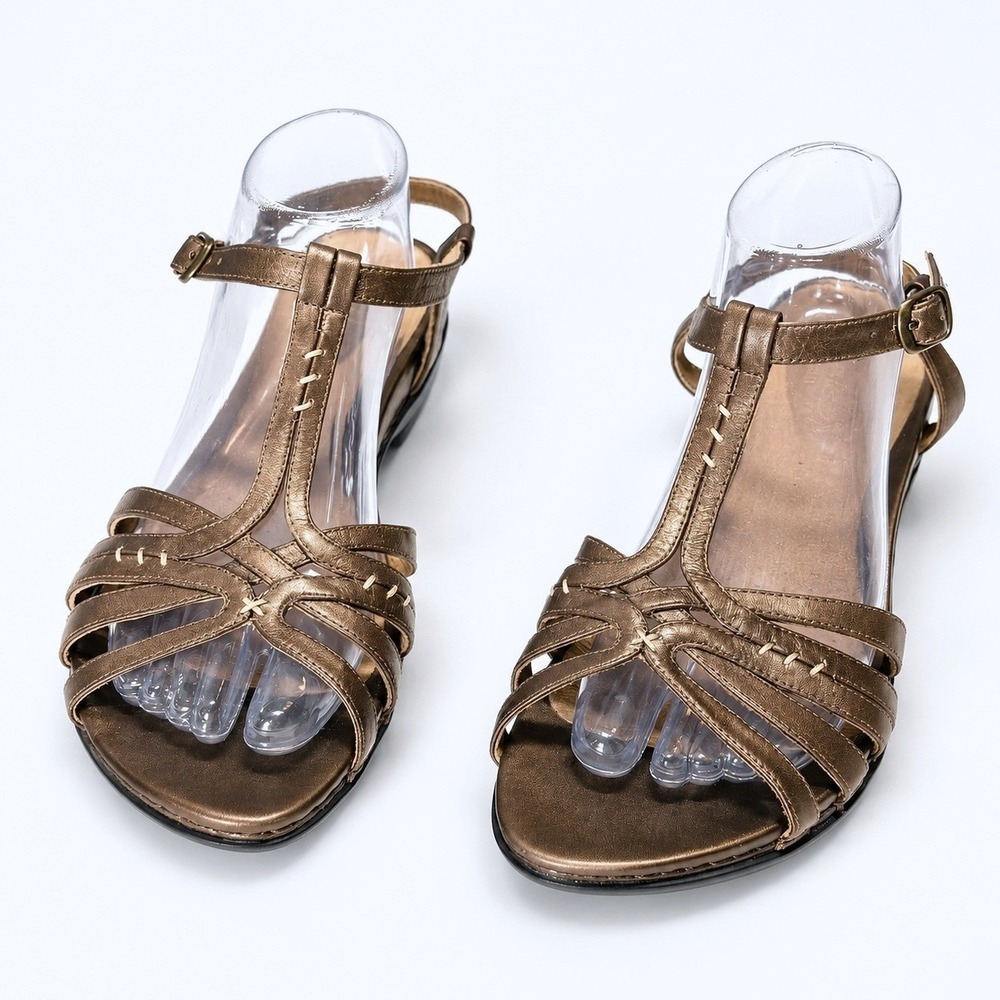 Clarks Artisan Womens Bronze Metallic Leather T-Strap Comfort Sandals 9.5M Boho